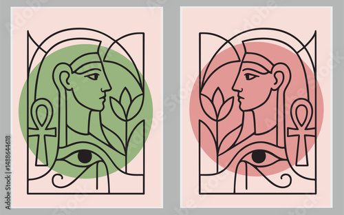 ancient Egyptian art. Egyptian woman wearing a headdress. with Eye of Horus, and a lotus flower. black line art illustration 
