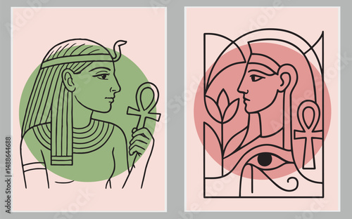 ancient Egyptian art. Egyptian woman wearing a headdress. with Eye of Horus, and a lotus flower. black line art illustration 