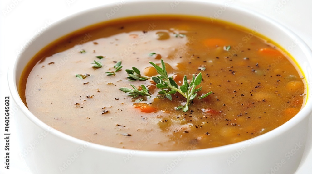 A white bowl filled with a creamy yellow soup garnished with fresh thyme sprigs and cracked black pepper A white bowl filled with a creamy yellow soup garnished with fresh thyme sprigs and cracked black pepper