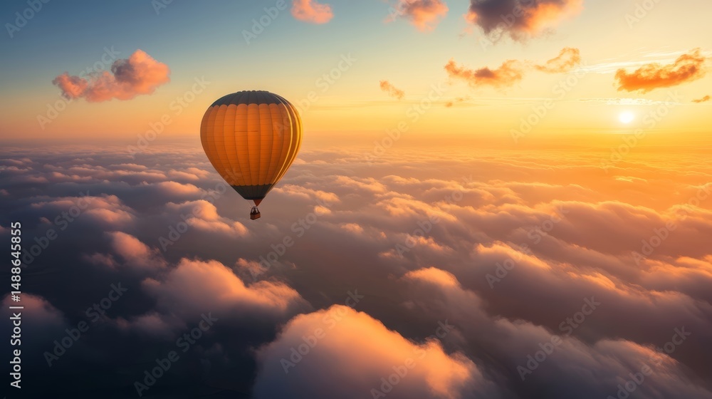 Obraz premium A solo traveler capturing a stunning aerial photograph from a hot air balloon, showcasing the endless horizon and glowing sunrise,