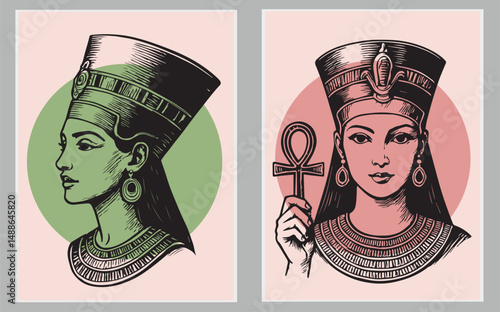 Cleopatra face, Egyptian pharaoh queen, ancient goddess portrait, Egypt woman black hair, gold crown. Mythology character, jewelry necklace old civilization Nefertiti princess. Egypt Cleopatra clipart