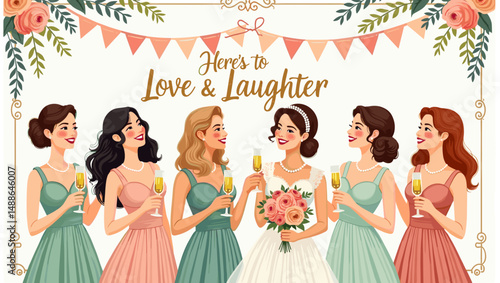 Bridal Shower Celebration with Bridesmaids – Elegant Wedding Party Illustration

