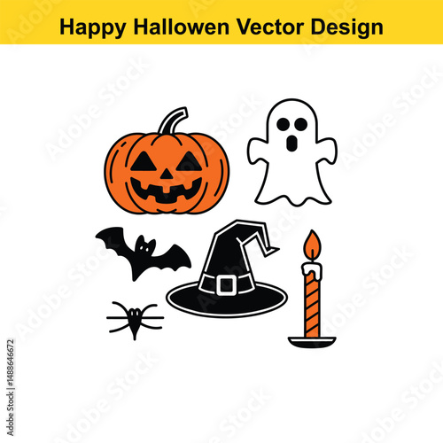 Halloween Vector Icons Set – Pumpkins, Ghost, Witch Hat, Bat, Skull & Spider Web, Haunted House, Witch