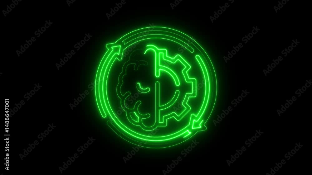 Conceptual glowing neon brain and gear icon on black background representing cognitive processes and innovation Conceptual glowing neon brain and gear icon on black background representing cognitive processes and innovation