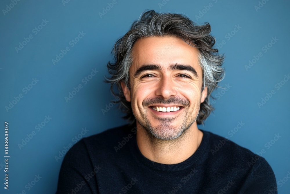 Blue solid background. Classy men's wavy bob haircut - midlife white man with grey hair. A joyful male captured in a professional portrait. Conceptual art of style for aging men. Blue solid background. Classy men's wavy bob haircut - midlife white man with grey hair. A joyful male captured in a professional portrait. Conceptual art of style for aging men.