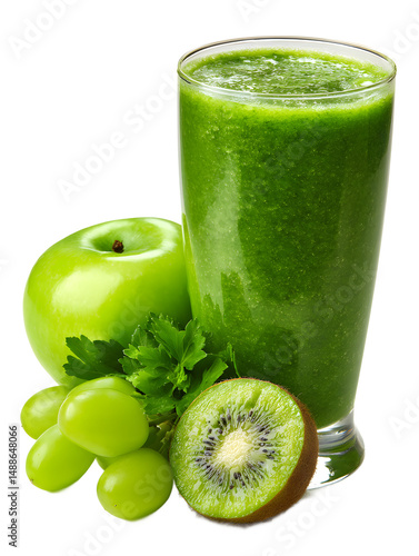 A refreshing green smoothie sits next to a shiny , juicy grapes, a sliced kiwi, and fresh parsley, creating a vibrant, healthy, and delicious scene.