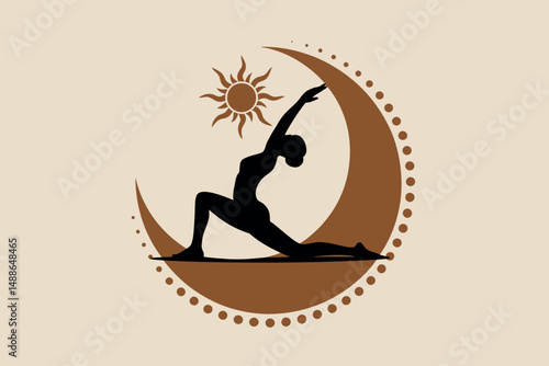 Yoga Silhouette on Crescent Moon Sun Design