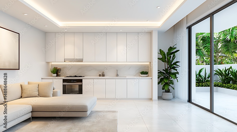 Modern Living Space: Bright Interior Design with White Kitchen Cabinets, Neutral Sofa, Natural Light, and Greenery Views. Modern Living Space: Bright Interior Design with White Kitchen Cabinets, Neutral Sofa, Natural Light, and Greenery Views.