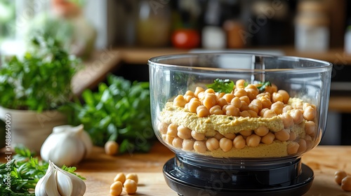A vibrant kitchen scene showcases hummus ingredients. Chickpeas, garlic, and fresh herbs are ready for blending, promising a delicious, healthy dish.