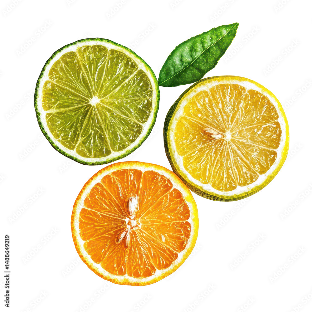 Fototapeta premium Bright citrus fruits in vibrant colors isolated on Transparent background for fresh recipes and beverages, orange lemon lime bergamot isolated on PNG background