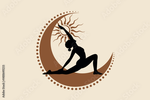 Yoga Silhouette on Crescent Moon Sun Design