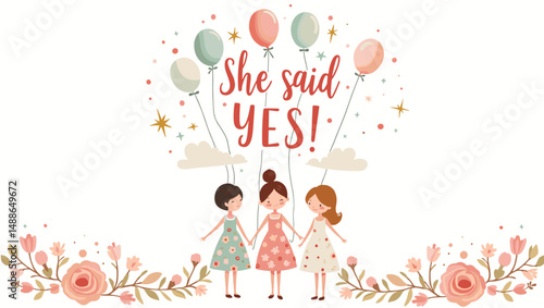 Bridal Shower Celebration with Bridesmaids – Elegant Wedding Party Illustration

