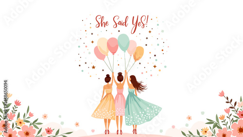 Bridal Shower Celebration with Bridesmaids – Elegant Wedding Party Illustration

