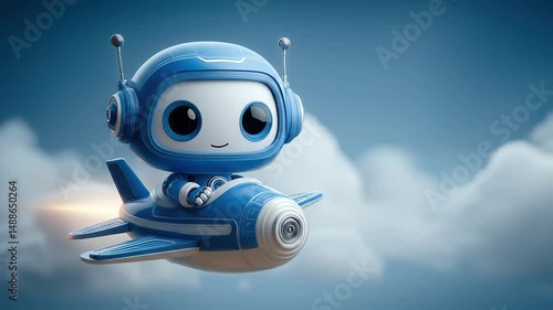 Cute Blue Robot Piloting a Plane Through Fluffy Clouds