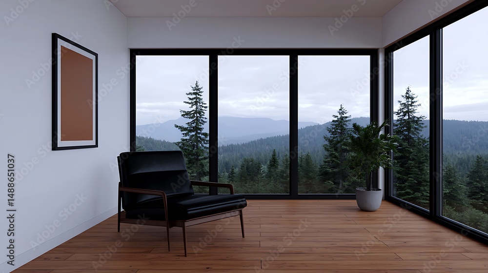 Fototapeta premium Serene Living Room Interior Featuring a Modern Chair, Picture Frame, Large Windows, and Mountain View.