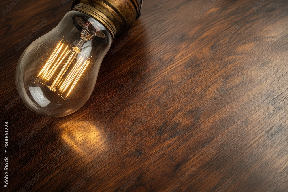 Fototapeta premium A vintage Edison bulb is lying on a rustic wooden surface, emitting a soft, warm glow, creating a classic atmosphere.