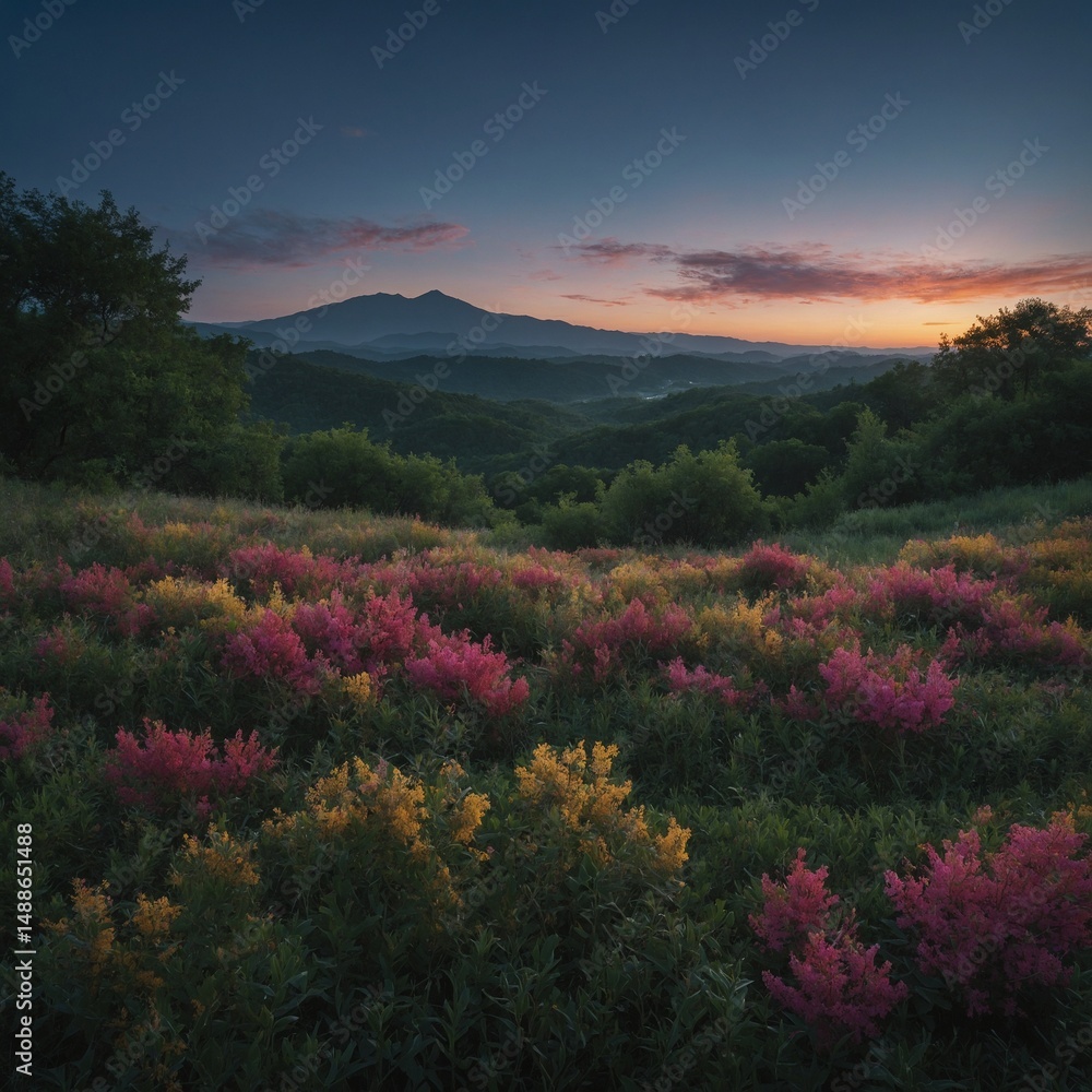 Obraz premium The panoramic view captures a serene mountain landscape where the sky transitions from the warm hues of sunset to the soft glow of sunrise, with clouds and mist embracing the peaks and forests