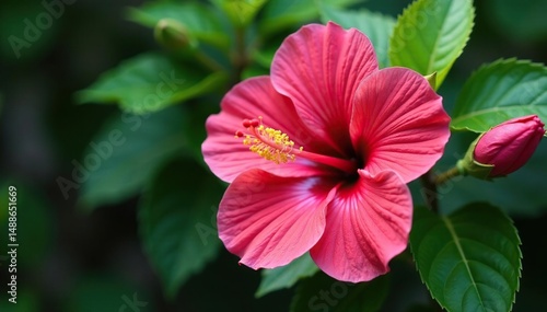 Intricate hibiscus blossoms, vibrant petals, lush leaves , pattern, background, red
