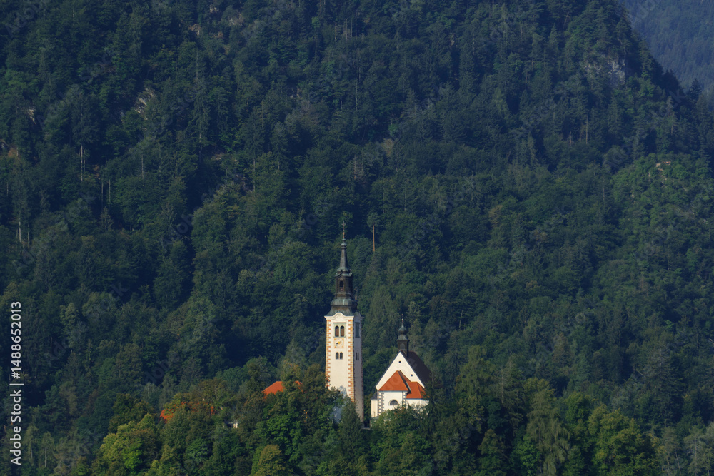 very small island on natural bled lake in summer with church in middle and beautiful green trees around very small island on natural bled lake in summer with church in middle and beautiful green trees around