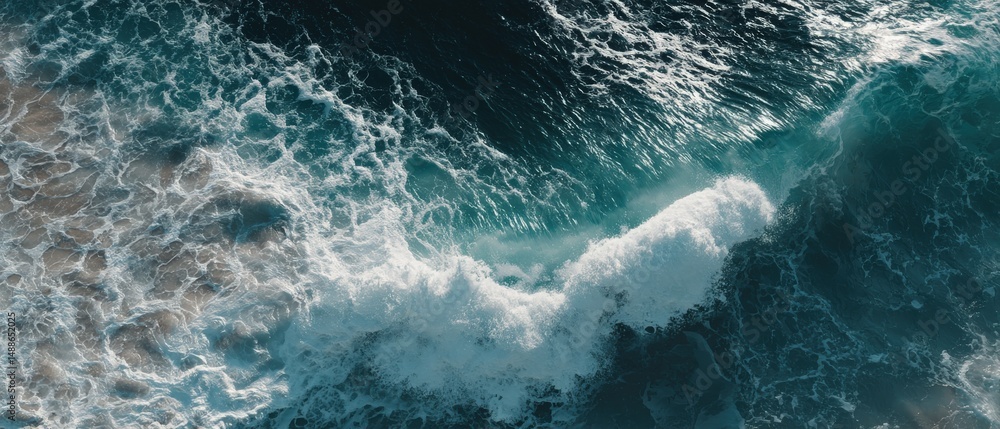 Aerial view of powerful ocean waves crashing against the shore. The contrast between the white foam and deep teal water is striking. Aerial view of powerful ocean waves crashing against the shore. The contrast between the white foam and deep teal water is striking.