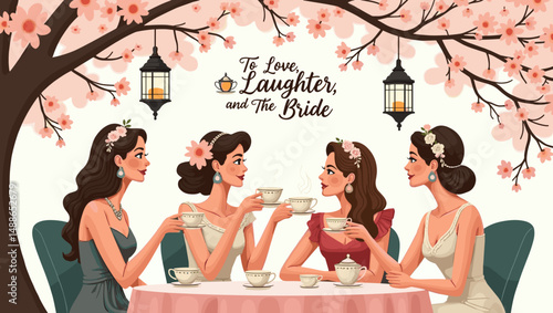 Bridal Shower Celebration with Bridesmaids – Elegant Wedding Party Illustration

