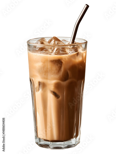 A refreshing iced coffee beverage with metal straw served in tall clear glass featu visible condensation and ice cubes, presented against a pure white backdrop.