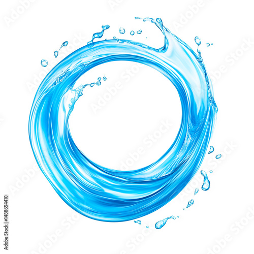 Circular splash of clear blue water isolated on white background in dynamic motion,