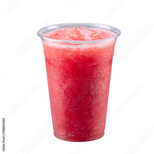 A refreshing watermelon slushy is pictured against a stark white backdrop, showcasing its vibrant red color and icy texture in a clear plastic cup ready to enjoy.