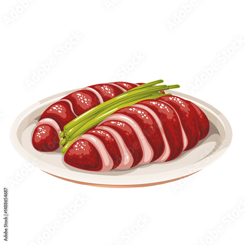 Roast duck slices with crispy skin served on plate and garnished with spring onion. Traditional Cantonese dish. Cartoon vector illustration for restaurant menu, packaging, or food blog.