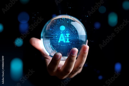 A hand holding a glowing crystal ball with ai artificial intelligence symbol
