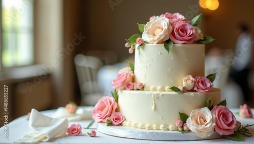 Stunning white wedding cake adorned with fresh flowers, sophisticated, sophisticated