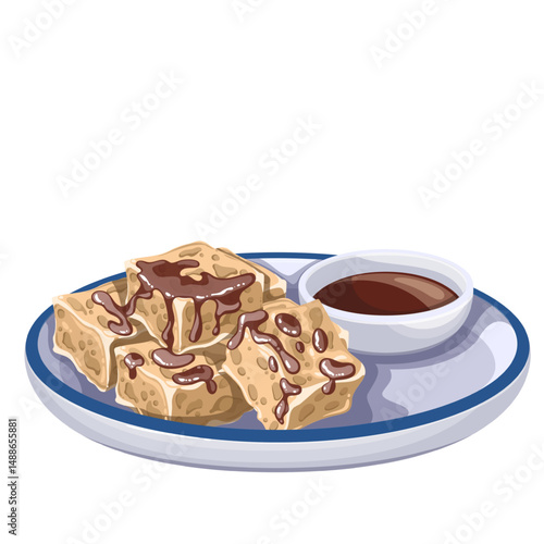 Crispy fried stinky tofu cubes served with dark dipping sauce on a plate. Famous fermented street food from Asia. Cartoon vector illustration for menu, food guide, or cultural projects.