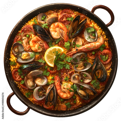 Overhead shot displays a vibrant paella bursting with fresh seafood, ripe tomatoes, and fragrant herbs in a rustic pan, enhanced by a lemon slice on a white background.