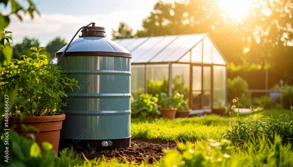 Obraz premium A rainwater collection barrel next to a greenhouse – Sustainable Living & Eco-Friendly Products 