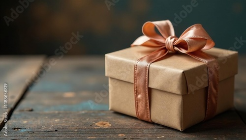 A beautifully wrapped gift box sits on a rustic wooden table , ribbon, handmade