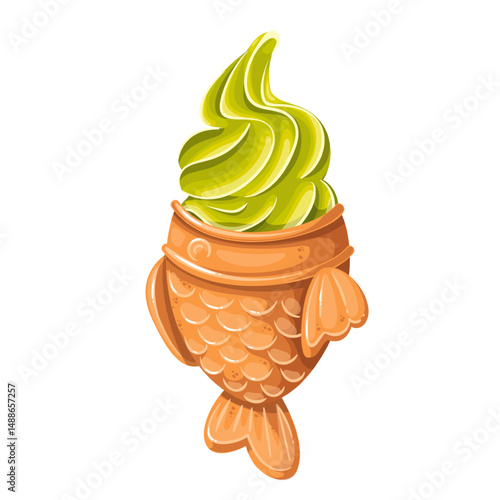 Waffle cone shaped like a fish filled with green matcha soft serve ice cream. Fun and sweet Asian dessert. Cartoon vector illustration for menu, cafe poster, or food packaging.