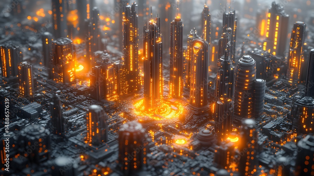 Fototapeta premium Artistic depiction of interconnected grey skyscrapers with gears