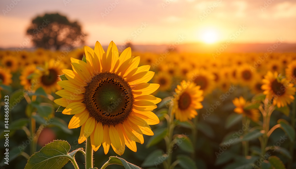 Fototapeta premium Sunflower Field Glowing at Golden Hour