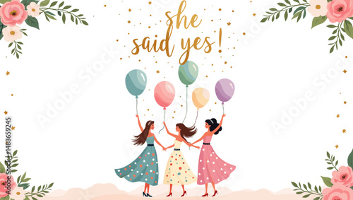 Bridal Shower Celebration with Bridesmaids – Elegant Wedding Party Illustration


