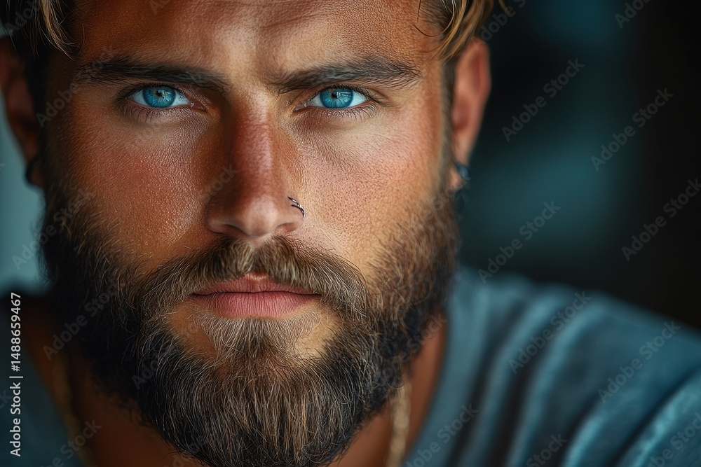 Fototapeta premium Young man with striking blue eyes and a well-groomed beard poses confidently indoors during the golden hour