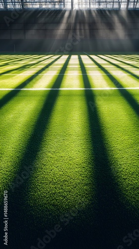 Green grass field with shadows and light rays background for sports and recreation