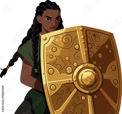 Female warrior with golden ornamental shield in defensive stance vector illustration 