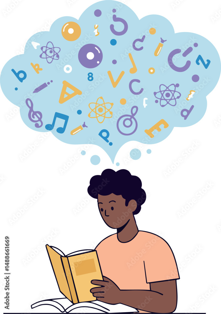 Boy reading book with creative scientific and musical symbols floating above mind vector illustration Boy reading book with creative scientific and musical symbols floating above mind vector illustration