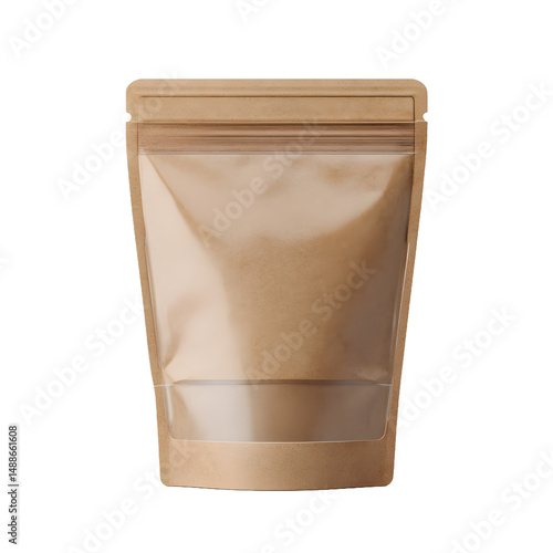 A brown kraft paper stand up pouch with a clear window, designed for showcasing and preserving various food products, displayed against a clean white background.