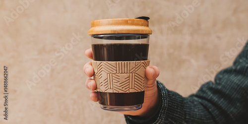 Eco friendly hand holding reusable coffee cup with wooden lid on beige surface sustainable drink lifestyle