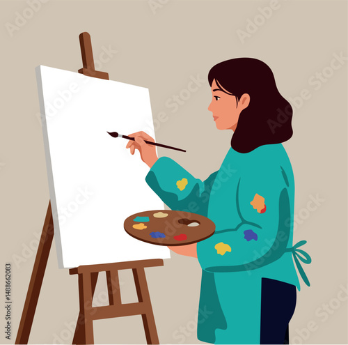 Woman artist painting on canvas with palette and brush in painting studio vector illustration 