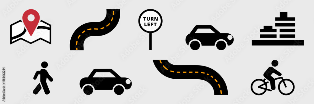 Road and transport icon set with map pins, road signs, vehicles, and pedestrians – Suitable for navigation apps, urban development, or traffic safety campaigns Road and transport icon set with map pins, road signs, vehicles, and pedestrians – Suitable for navigation apps, urban development, or traffic safety campaigns