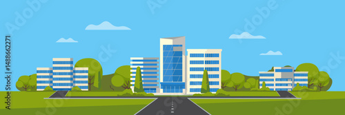 Minimalist corporate office setting illustration with multiple buildings, trees, road, and blue sky – Perfect for business environments, office parks, or urban development