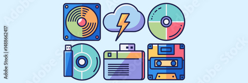 Data storage icon sheet with hard drive, cloud, usb flash drive, cd-rom, floppy disk, and tape cassette – Suitable for technology tutorials, software design, and IT presentations