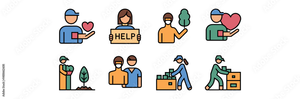 Vector icon sheet of volunteering actions including helping, planting, and donation sorting – Ideal for social campaigns, nonprofit websites, or community service content Vector icon sheet of volunteering actions including helping, planting, and donation sorting – Ideal for social campaigns, nonprofit websites, or community service content